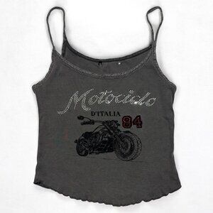 Vintage Y2K Grey Rhinestone Cami Top with Motorcycle Graphic Motociclo D'Italia